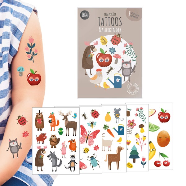 Süßes Kindertattoo-Set Motiv: Naturkinder, Vegan, 5 Bögen Tattoos für Kinder, Mitgebsel Kindergeburtstag, Kleinigkeit für Kinder