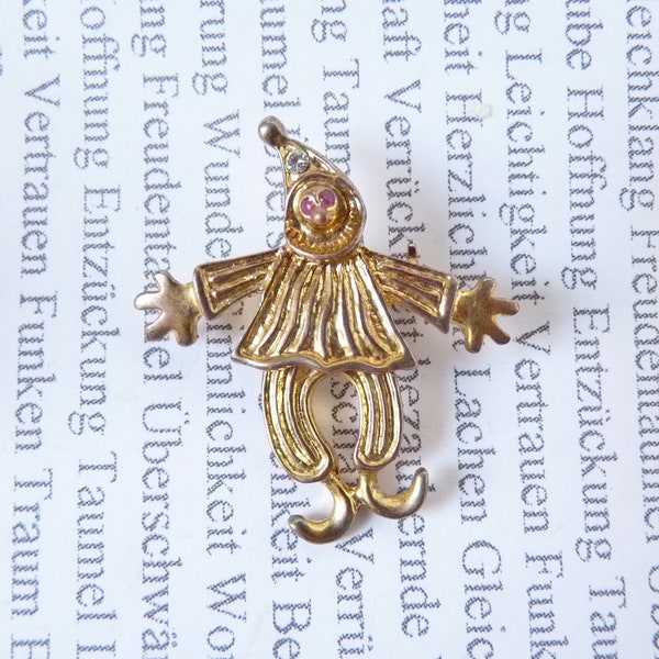 Süße alte Harlekin oder Erdmännchen Brosche, Lustige Revers Pin, Amber Strass Augen, Sicherheitsverschluss, fröhliche Anstecknadel vergoldet