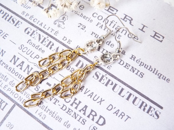 Funky vintage rhinestone long chain earrings, bic… - image 2
