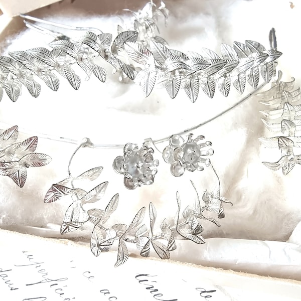 Old Myrtle Bridal Crown, Vintage Bridal Jewelry Diadem Tiara Pin Filigree, Dainty Laurel Wreath Silver Plated Tendrils Headpiece Wedding