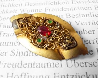 Antique Victorian gold plated rhinestone brooch clip, brass gold-red-green, Art Nouveau Biedermeier, historical jewellery, filigree ornaments