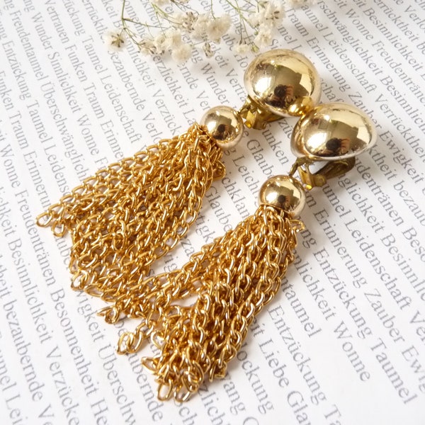 80s Etruscan tassel earrings, Byzantine revival statement jewelry, 80s glamour fashion jingle gold, long chain earrings, Byzantium style