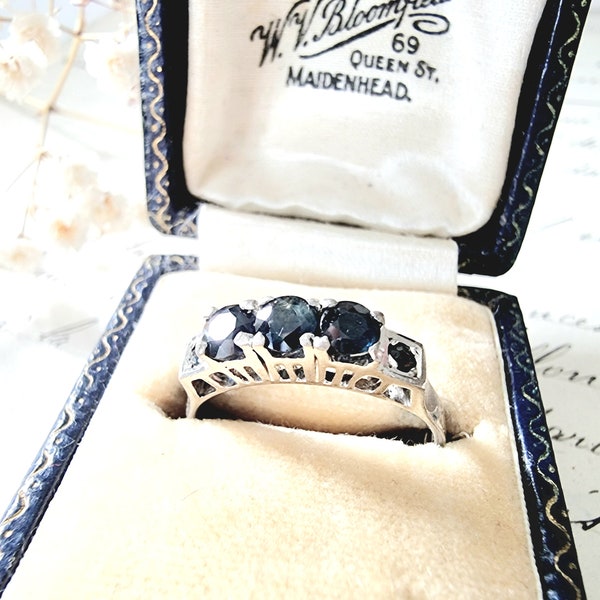 18 mm Art Deco sapphire ring 925 silver rhodium-plated, vintage silver ring, finger ring sterling silver stone blue, stacking ring multi-stone ring elegant