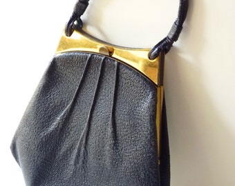 Antique Art Nouveau leather bag, black and gold brass frame, vintage handbag, simple elegance evening bag, old-fashioned modern boho chic