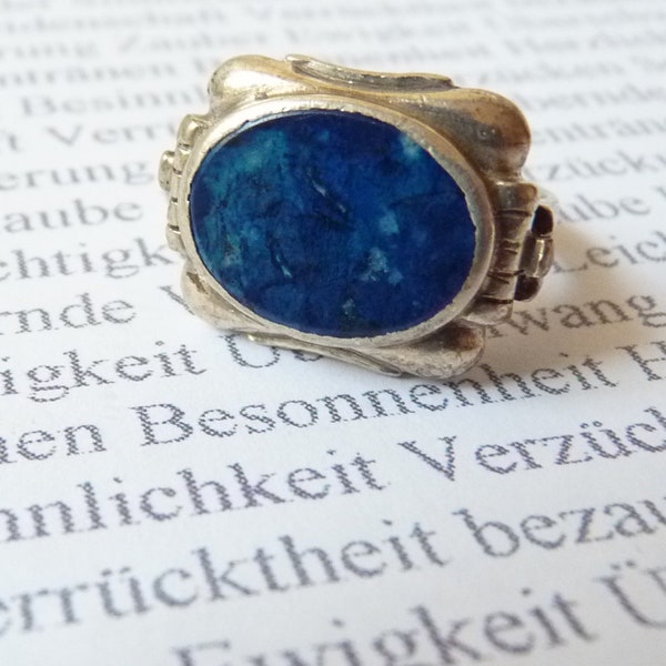 Antikschmuck Art Deco Nouveau 835 Silber Lapislazuli, Eleganter Boho Edelstein-Statement-Ring, Groß Blau Oval, Verziert Florale Ornamente