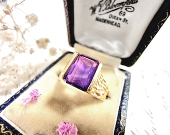 Alter Amethyst 375 Goldring, Leoparden Wildkatze Look, Baguette Stein, Vintage Amethystring Modernistisch Elegant Gelbgold, 9K Gold Ring