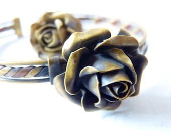 Vintage set bangle ring ROSE brass copper tricolor, jewelry gift set, Bocho traditional jewelry, bracelet, bangle rose decor, rosette