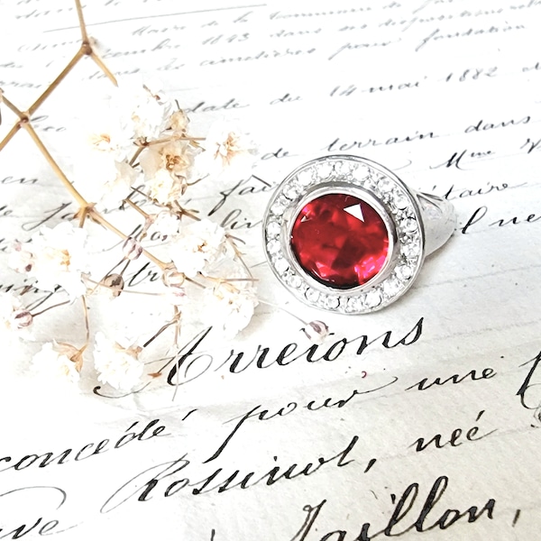 90s statement rhinestone ring red clear, multi-stone ring large round, cocktail ring silver-colored, boho glamour millennium Y2K fashion accessory