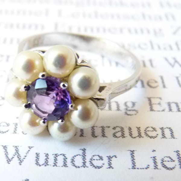 Mid-Century Cocktail Ring 835 Silver, Flower, Art Deco, Hollywood Regency, 50s 60s, Purple Stone Pearls Round, Silver Ring, Opulent REGENCYCORE