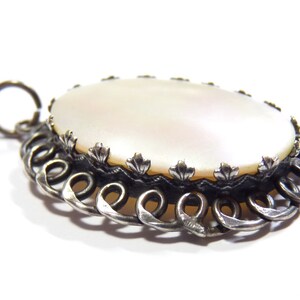 800 silver Art Nouveau amulet pendant oval MOP, filigree vintage mother of pearl pendant, cord edge, for traditional costume jewelry necklace