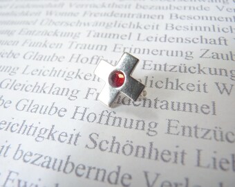 Mid-Century 925 Sterling Silver Brooch, Cross Red Rhinestone, 12 mm, Tie Pin, Scarf Brooch, Dress Clasp, Fastener