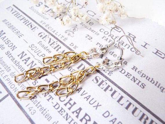 Funky vintage rhinestone long chain earrings, bic… - image 3