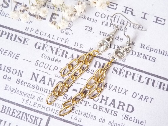 Funky vintage rhinestone long chain earrings, bic… - image 1