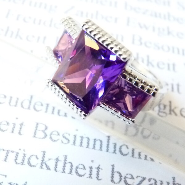 Modern Vintage Ring 925 Sterling Silver Purple Stones, Square, Elegant, Boho, Sparkling Crystal Violet, Modernist Statement, Geometric