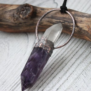 Amethyst and quartz crystal necklace. Natural stone jewelry