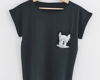 Alpaca Pocket T-Shirt mit Brusttasche in schwarz Lama