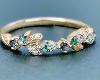 Leaf Wedding Band Natural Moss Agate 925 Sterling Silver Ring Alexandrite Gemstone For Women Engagement Elegant Handmade Ring