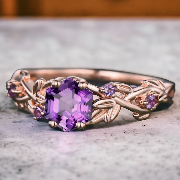 Amethyst ring vintage hexagon cut Amethyst engagement ring 14k white gold leaf ring twisted wedding ring women February birthstone ring gift