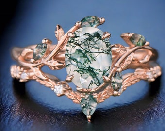 Vintage oval cut green moss agate engagement ring rose gold art deco cluster leaf nature inspired bridal promise wedding ring set women