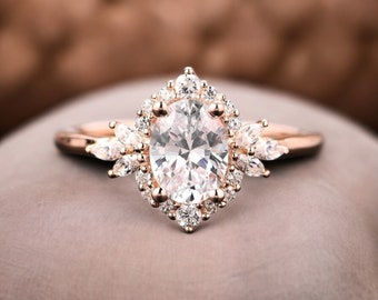 Oval Moissanite engagement ring vintage unique Cluster rose gold engagement ring women Marquise diamond wedding Bridal art deco Anniversary