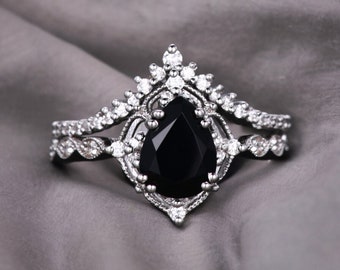 Vintage black onyx engagement ring sterling silver ring art deco curved stacking band pear shaped bridal set unique moissanite wedding set