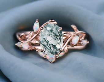 Oval cut moss agate ring vintage five stone opal ring rose gold leaf nature inspired engagement ring art deco twisted wedding ring set women