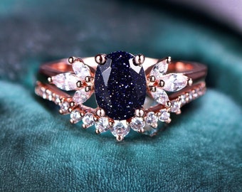 Oval Blue Sandstone Engagement Ring Set 14k Rose Gold Galaxy Vintage Unique Engagement Ring Moissanite Ring for Women