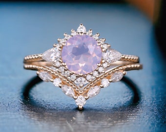 Vintage Lavender Amethyst engagement ring set unique solid gold engagement ring women marquise cut Moissanite wedding Bridal Promise ring