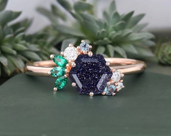 Hexagon cut Blue Sandstone Ring Unique Blue Sandstone Engagement Ring Rose Gold Cluster Marquise cut Lab emerald Alexandrite Wedding Ring