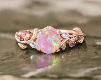Round cut Pink Opal ring Vintage Rose gold Leaf engagement ring Marquise cut Moonstone ring Amethyst ring Nature inspired Twig ring Gift