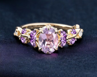 Vintage Oval Lavender Amethyst Engagement Ring Unique Cluster Promise Ring For Her Gold Art Deco Leaf Gemstone Branch Nature Inspired Ring