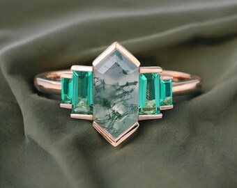 Natural Moss agate ring Unique Rose gold engagement ring Baguette cut Emerald ring Vintage Art deco May Birthstone wedding anniversary ring