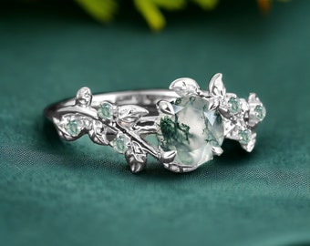 Vintage moss agate engagement ring Art deco leaf promise ring Nature inspired solid 14K 18K white gold cluster ring Unique Anniversary gifts