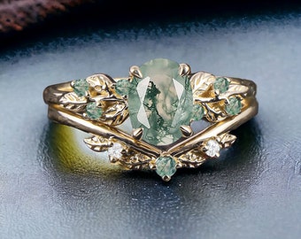 Art Deco Leaf Rose Gold Moss Agate Engagement Ring Sets Nature Inspired Cluster Promise Ring Green Gemstone Branch Bridal Set Jewelry