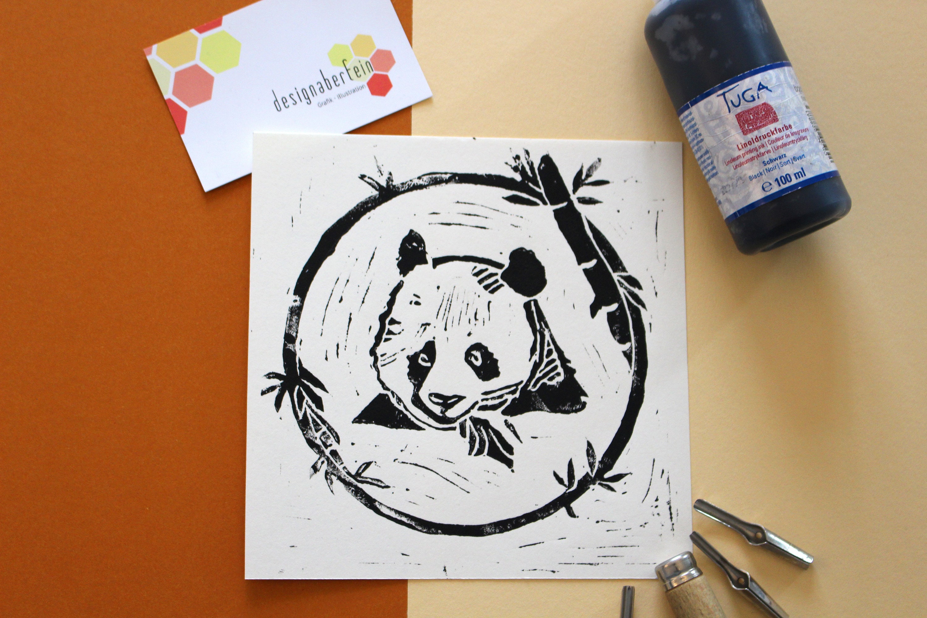 Linocut Panda Original Print Illustration Print 15 X 15 Cm Etsy