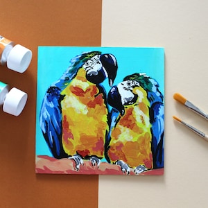 Acrylic painting &quot;Parrot couple&quot; 15 x 15 cm
