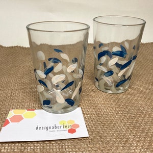 Set of 2 drinking glasses, water glasses, glass in an abstract design in blue and beige tones