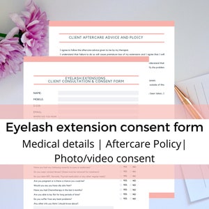 Eyelash Extension consultation form, Lash forms, lash consent form, pink, digital form, aftercare, Esthetician, Simple Intake form