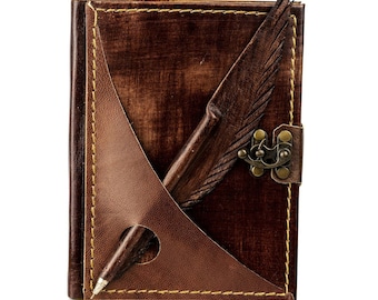 Diary lined, notebook, with ballpoint pen, leather book, poetry album, 'pen', brown