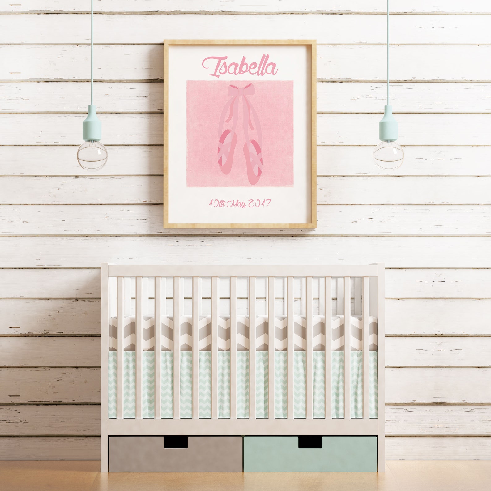 girls name personalized print with ballet shoes, name and birth date custom poster print, soft pink wall art for girls room