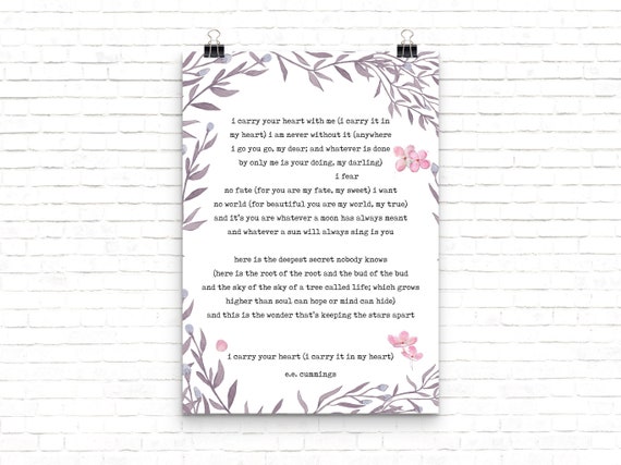 EE Cummings I carry your heart print sign poem Wedding poem print I