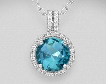 Aqua Blue CZ Halo Pendant - 925 Sterling Silver & Simulated Diamond CZ's - March Birthstone Birthday Gift for Woman Wife Girlfriend Her