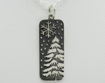 Snowy Tree & Snowflake Pendant - Winter Snow Scene Necklace - 925 Sterling Silver