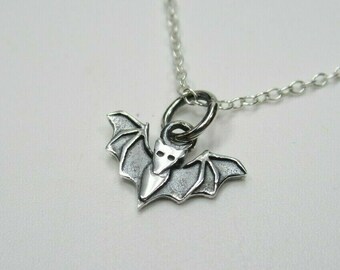 Tiny Bat with Open Wings Pendant - 925 Sterling Silver - Biker Chic Goth Gothic Halloween Spooky Creepy Scary - Cave Animal - Necklace