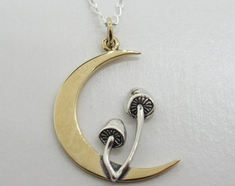 Gold Crescent Moon Pendant with Two Mushrooms Necklace - 925 Sterling Silver & Bronze - Gift for Girlfriend Wife Girl Sister Bridesmaids