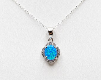 Blue Fire Opal Halo Pendant - 925 Sterling Silver & Diamond CZ Necklace - Wedding Bridal Anniversary Gift October Birthstone Birthday Gift