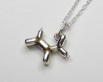 Balloon Dog Pendant Necklace - 925 Sterling Silver -  Circus Zoo Animal Toy - Three Dimensional - Fun Cheerful Happy