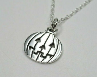 Halloween Carved Pumpkin Pendant Jack O'Lantern - Traditional Pumpkin Necklace - 925 Sterling Silver - Fun Halloween Trick or Treat