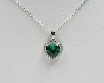 Emerald Green CZ Heart Pendant - 925 Sterling Silver - 1.6ct & 15 Clear CZ - May Birthstone Necklace - Valentine's Day Gift - Birthday Gift