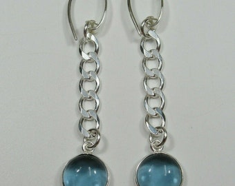Blue Iolite Earrings - 925 Sterling Silver & Round Gemstone - Sleek Modern Hooks - Chain Earrings - Gift for Wife Girlfriend Anniversary